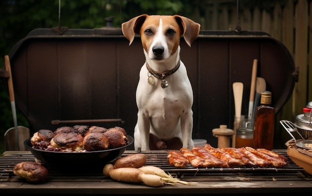 Grilled Delight Dog Standing Close to Barbecue Generative AI