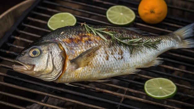 구운 도라다 생선 도미에 향신료 허브와 레몬을 그릴 판 위에 올려놓은 모습