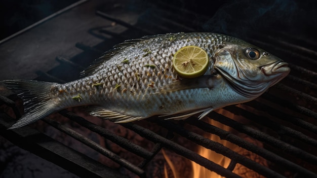 구운 도라다 생선 도미에 향신료 허브와 레몬을 그릴 판 위에 올려놓은 모습