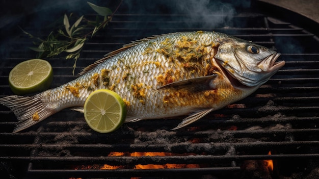 Orata di pesce dorada alla griglia con l'aggiunta di spezie, erbe aromatiche e limone sulla vista dall'alto della piastra grill