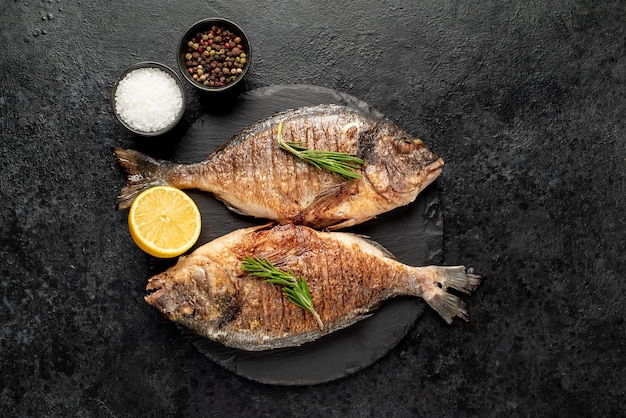 grilled dorado fish on stone background