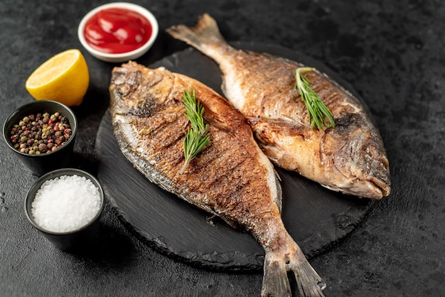 grilled dorado fish on stone background