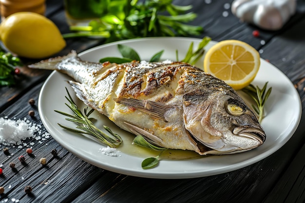 Grilled dorado with lemon on a white plate on a black wooden kitchen table Mediterranean cuisine