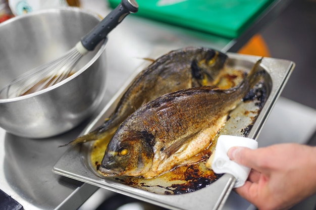 Grilled Dorado with Spicery on a white plate