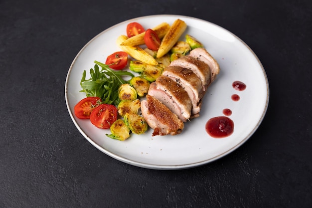 Grilled duck breast fillet with Brussels sprouts mini corn cherry tomatoes arugula and lingonberry sauce Traditional Mediterranean cuisine Selective focus closeup