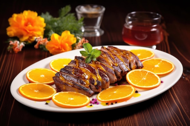 Grilled duck served with an orange glaze