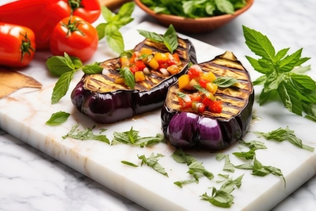 Grilled eggplant and bell peppers with herbs on a marble slab