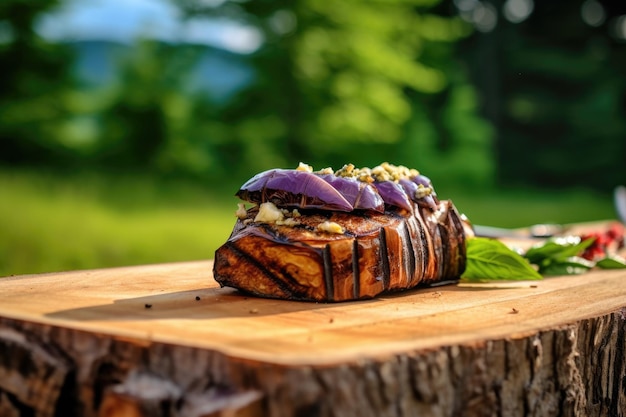 Grilled eggplant on cedar plank displayed on outdoor picnic table created with generative ai