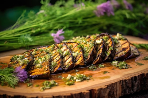 Grilled eggplant on cedar plank with herbs created with generative ai