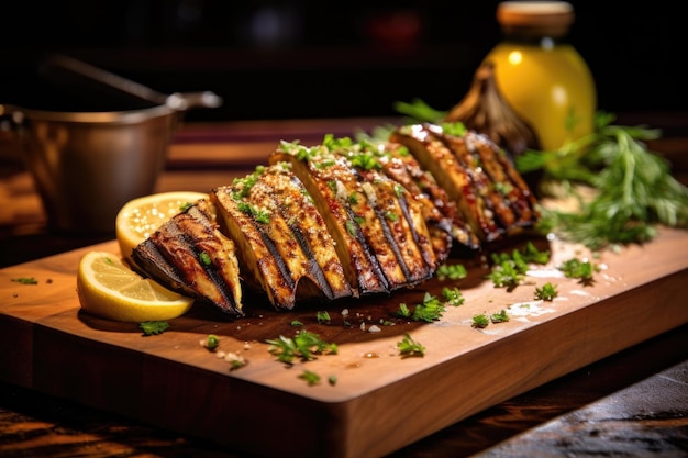 Grilled eggplant on cedar with lemon wedges and seasonings created with generative ai