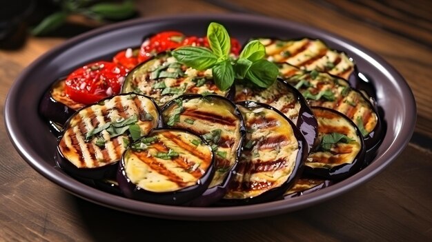 Grilled eggplants and tomatoes in plate on wooden background Grilled vegetables with Italian herbs