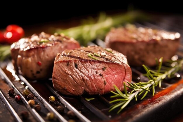 Grilled filet mignon with fresh rosemary on board