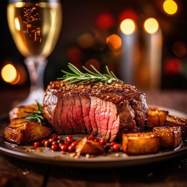 Grilled fillet steak served with tomatoes and roast vegetables Beef steak with grilled bokeh warming background