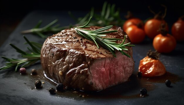 Photo grilled fillet tenderloin and sirloin steak on wooden plate generated by artificial intelligence