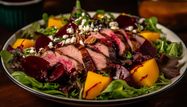 Grilled fillet with fresh salad tomato slice and arugula generated by AI