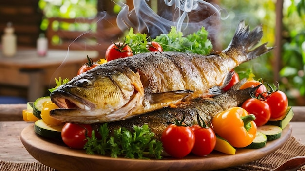 Grilled fish close up decorated with vegetables