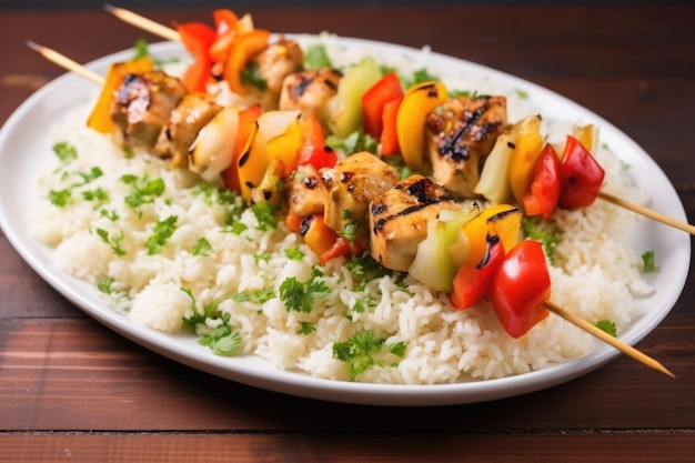 Photo grilled fish skewers served on top of a bed of rice