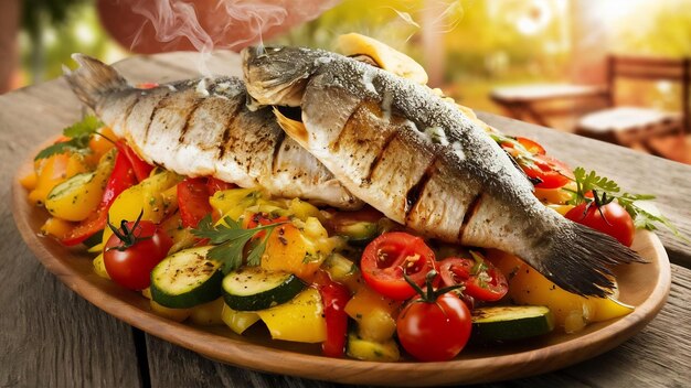 Photo grilled fish tabacca and vegetable mix