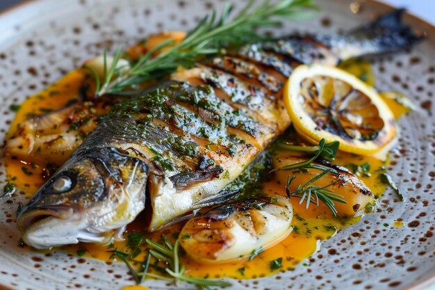 Grilled Fish With Lemon and Herbs on a Plate