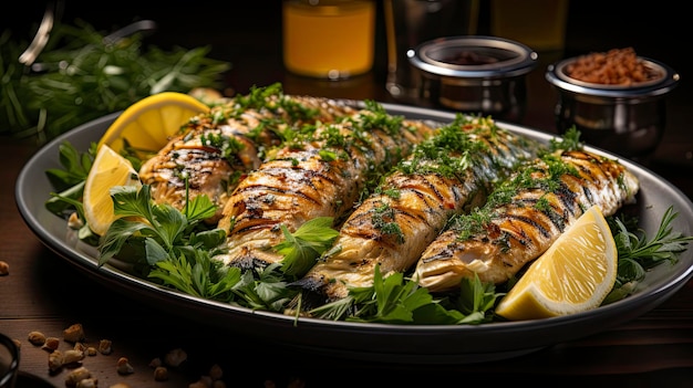 grilled fish with lemon and lime on a tray