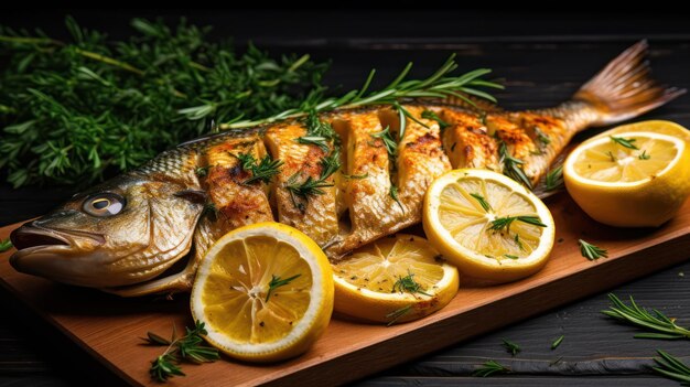 grilled fish with lemon and salad