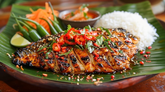 Grilled Fish with Lime Herbs and Spices Served with Rice Fresh Vegetables and Chili on Wooden