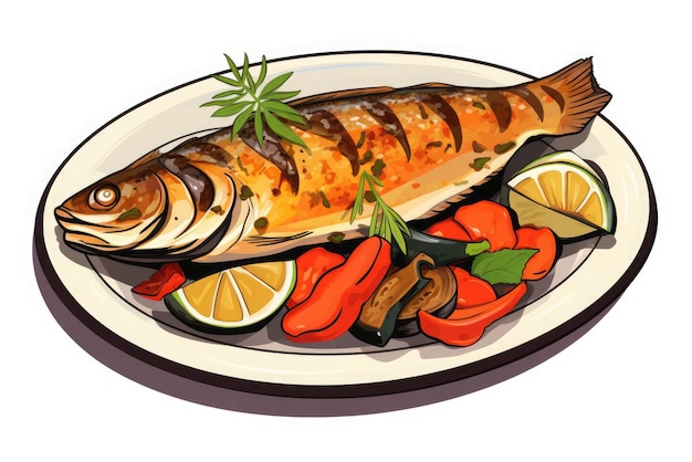 Grilled fish with vegetables and sauce manga style vector illustration sticker black outline