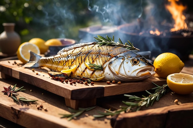 A grilled fish on wooden table at kitchen