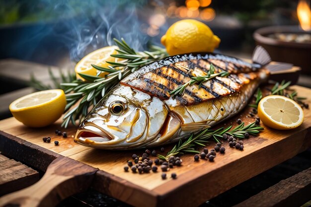 A grilled fish on wooden table at kitchen