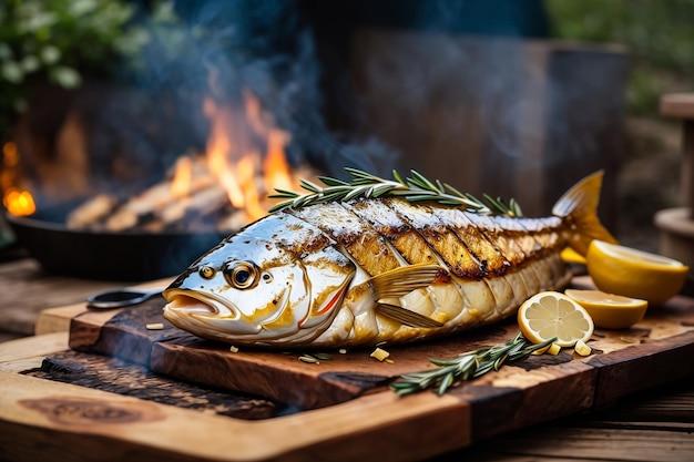 A grilled fish on wooden table at kitchen