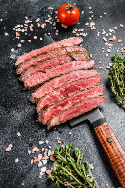 Grilled flank steaks in a pan top view