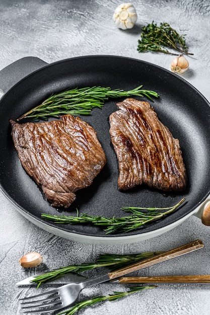 Grilled flat iron and flank steaks in a pan