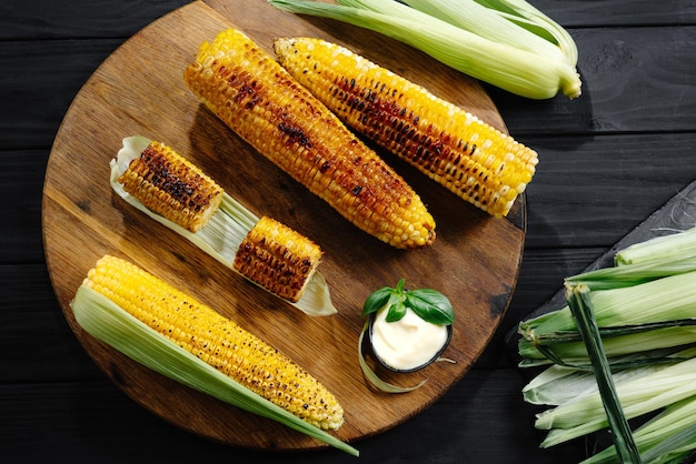 Grilled food charcoal and grilled corn top view