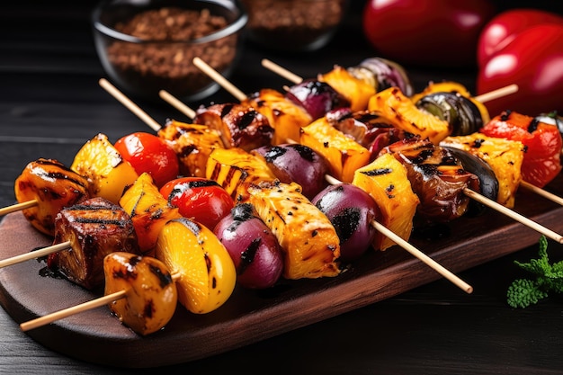 Grilled Fruits Set Barbecue Fruit Pieces on Wooden Skewers Vegetarian BBQ Generative AI Illustration