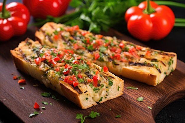 Grilled garlic bread with red and green chili pepper garnishing