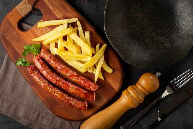 Grilled German sausage with french fries.