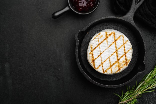 Grilled goat cheese on black dark stone table background top view flat lay with copy space for text