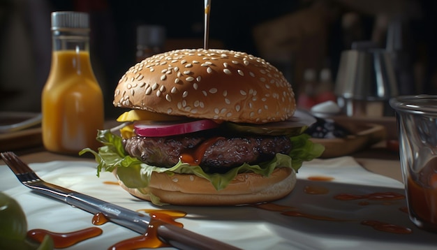 人工知能によって生成されたフレッシュトマトとフライドポテトを添えた素朴なバンズにグリルしたグルメチーズバーガー