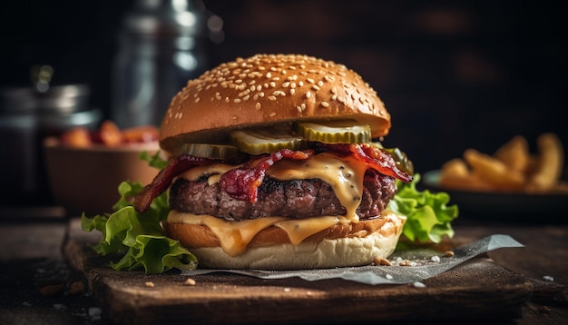 Grilled gourmet cheeseburger with fresh tomato and onion on bun generated by AI