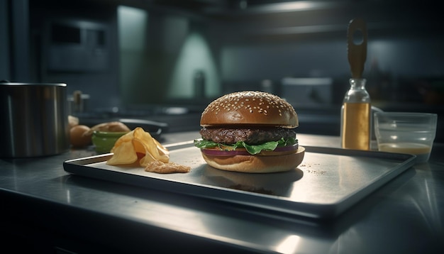 Grilled gourmet cheeseburger on wooden table with fresh tomato and fries generated by artificial intelligence