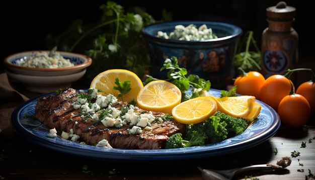 Photo grilled gourmet meal fresh fish fillet on wooden plate generated by ai