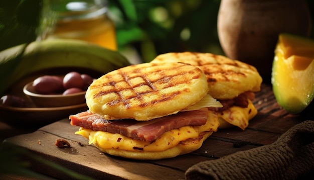 Grilled gourmet meat sandwich on rustic bread with fresh vegetables generated by artificial intelligence