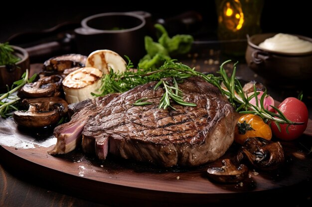 Grilled gourmet steak with edible mushroom fresh vegetable and herb