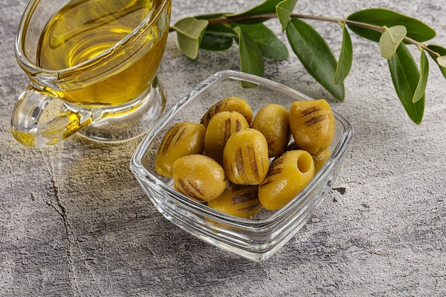 Grilled green olives appetizer snack