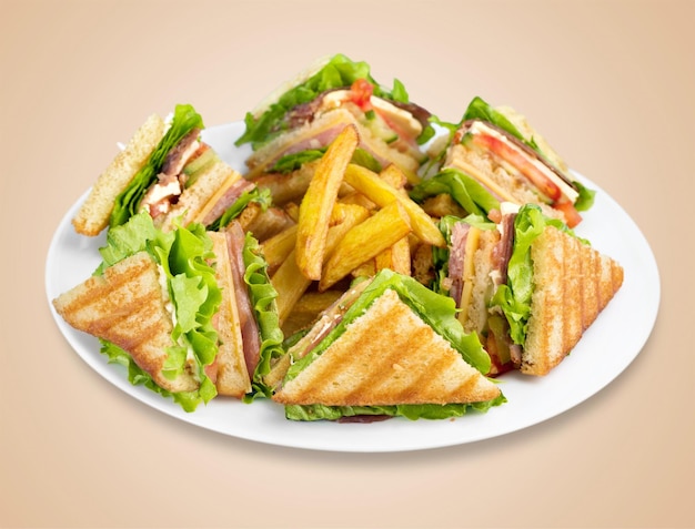 Grilled halves of sandwiches and french fries