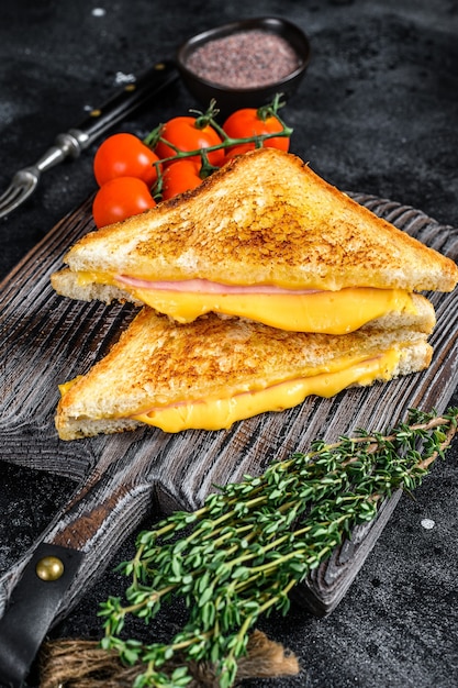 Grilled ham and cheese sandwich on a cutting board