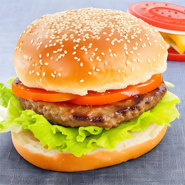 Grilled hamburger on sesame bun with cheese