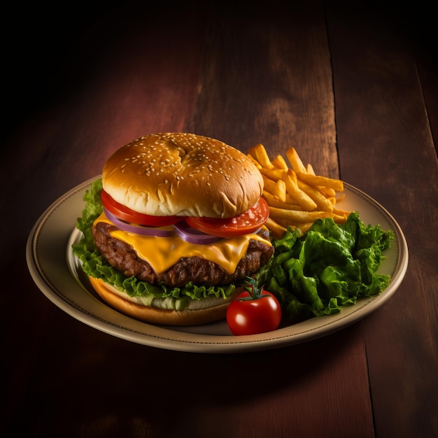 Grilled hamburger with beef patty, onion,tomato,salad, pickled cucumber and cheddar cheese