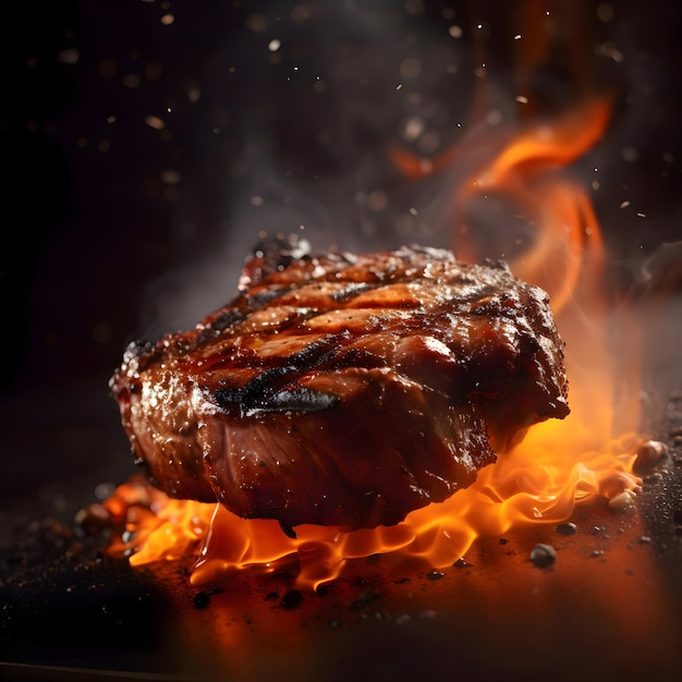 Grilled hamburger with flames on a black background Copy space