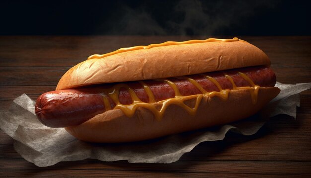 Grilled hot dog on rustic wood table with ketchup and onion generated by artificial intelligence